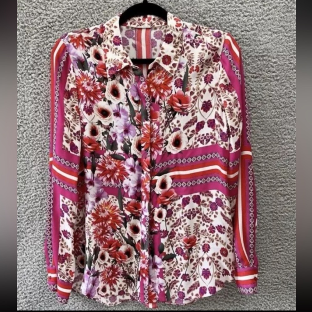 Elie Tahari Ingunn Mixed-Print Shirt Womens Top Silk Floral  long sleeve Sz XS